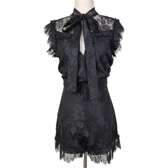 Alexis Aurelia Lace Romper Black Bow Tie Sheer Trim Size S NWOT - Picture 1 of 2